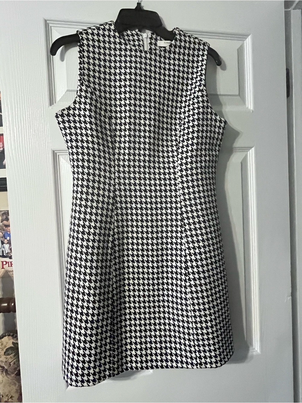 Women's Black & White Houndstooth Sleeveless Dress by Commense